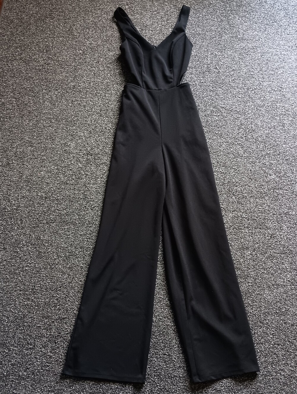 Black Wide Leg, Cut-Out Hip V-Neck Jumpsuit Crystal Sky Womens XS, Pantsuit